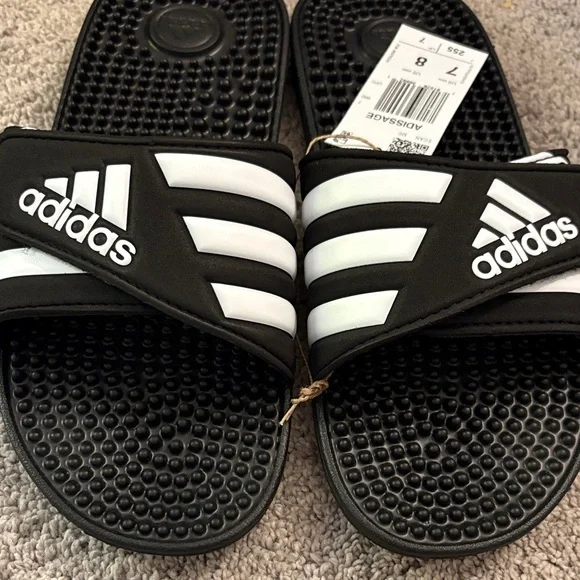 NWT Adidas Adissage Black and White Striped Slides Women 8 Men 7 - Picture 6 of 7